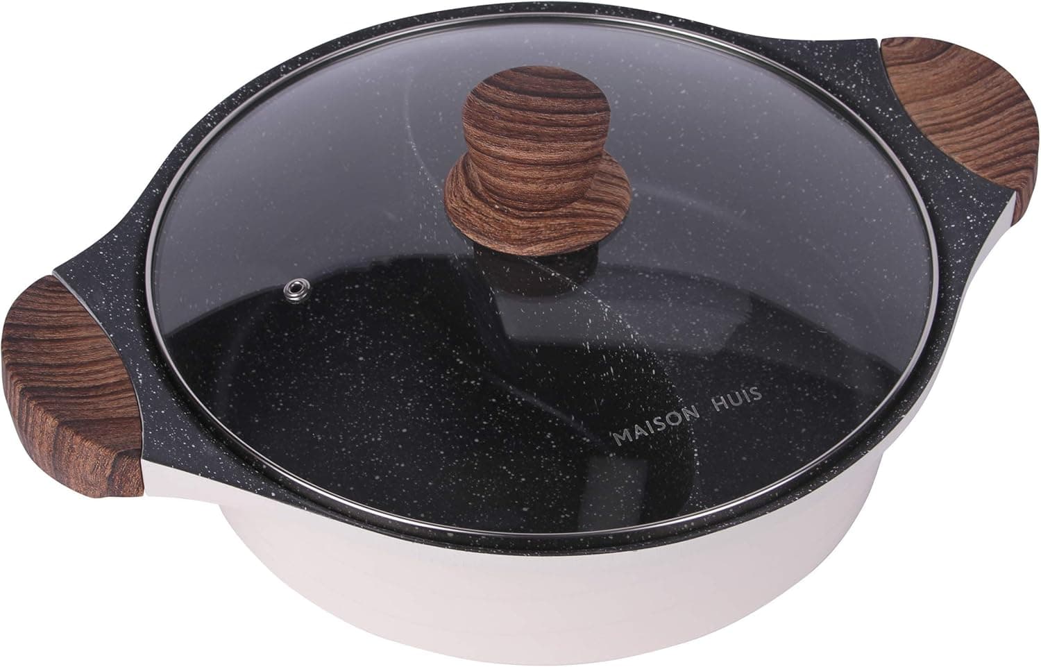 MAISON HUIS Hot Pot with Divider and Lid, Nonstick Seamless Design Shabu Shabu Hotpot Large Capacity Mandarin Duck Yin Yang Hot Pot 12" Diameter 4.4 Quart for All Kitchen Stoves (White)