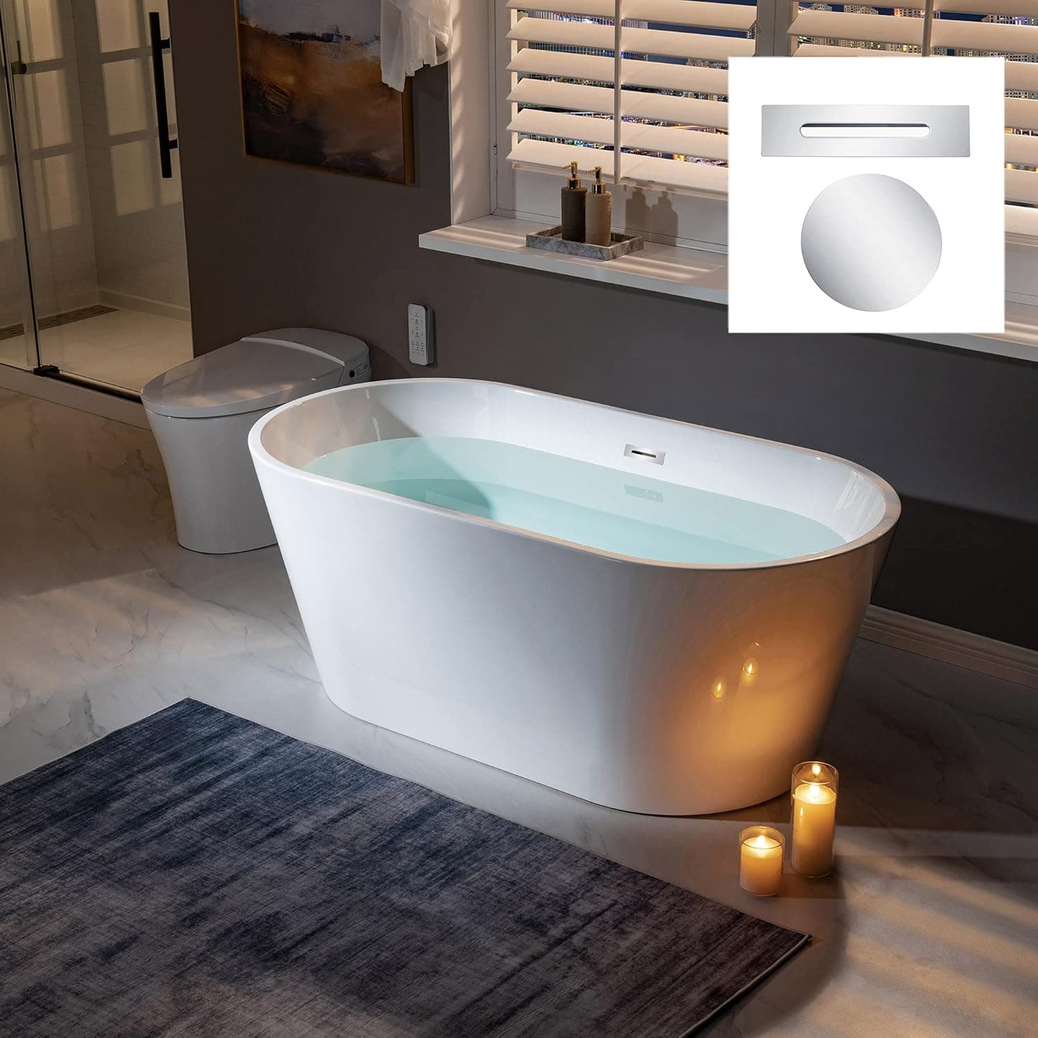 WOODBRIDGE 59" Acrylic Freestanding Bathtub Contemporary Soaking Tub, White Acrylic (Chrome Drain/Overflow),B0014 C Drain &O