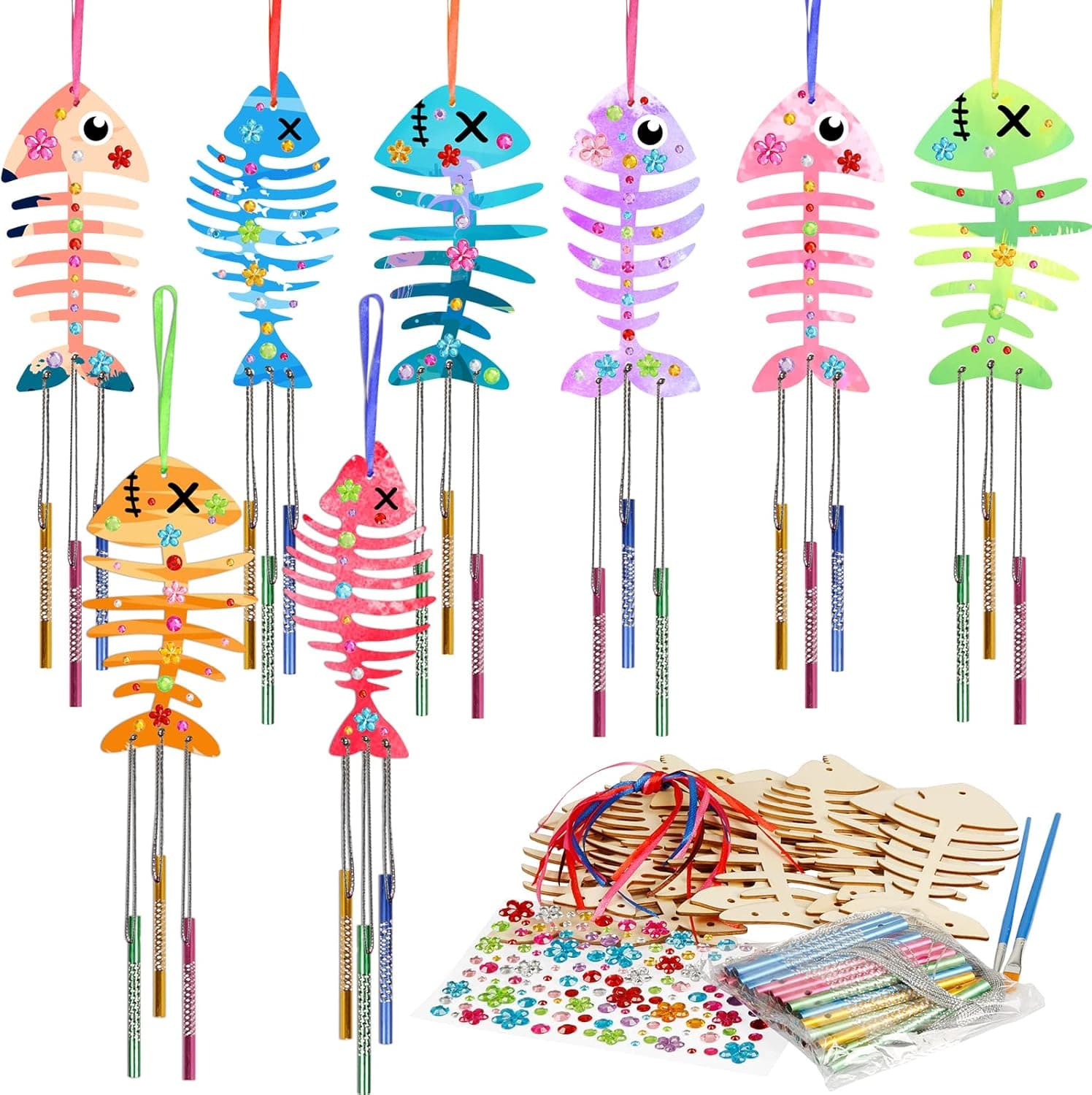Fennoral 12 Pack Wind Chime Kit Spring Craft Kits for Kids Wooden Arts and Crafts for Girls Boys Make Your Own Fish Wind Chime Ornaments DIY Coloring Fish Craft for Activities Favor Supplies