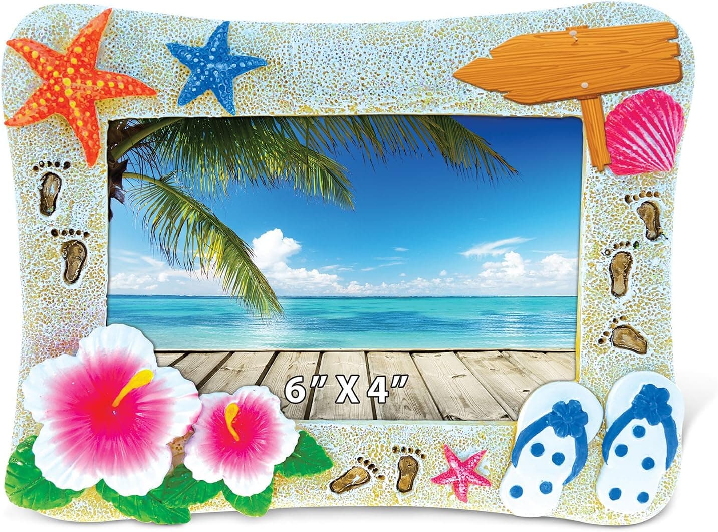 Puzzled Resin “Summer Beach” Picture Frame, 6 x 4 Inch Sculptural Photo Holder Intricate & Meticulous Detailing Art Handcrafted Tabletop Accent Accessory