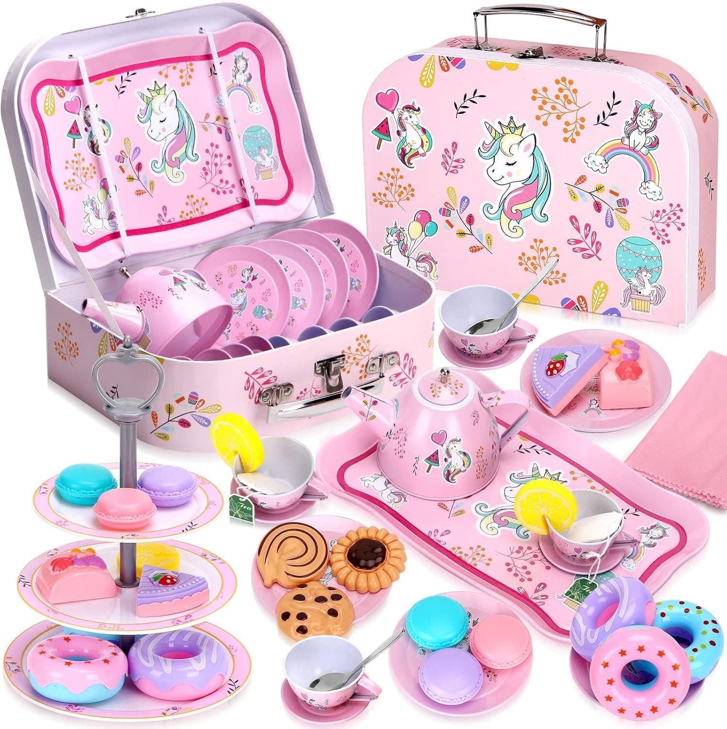 Auney 36 PCS Tea Set Toys for Girls,Tin Unicorn Toys Tea Party Pretend Play for Little Girls,Kids Real Littles for Tea Time with Tea Filter Bags and Lemon Slices,13 PCS Dessert Toys for Kids
