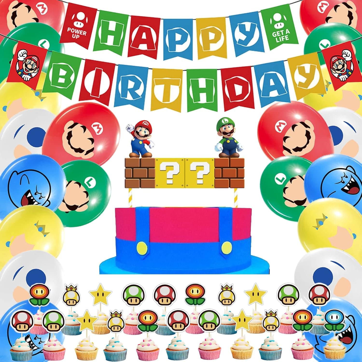 Mario Brothers Party Supplies Mario Birthday Party Supplies Mario Balloons Banner Cake Toppers for Party Decorations, Set of 57 Pcs