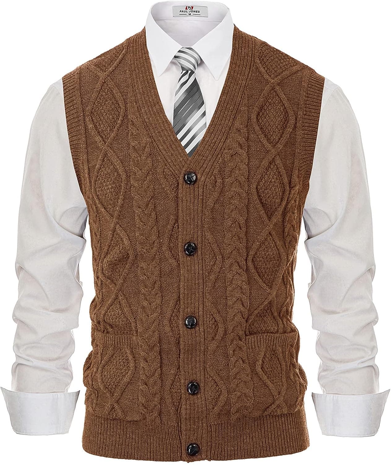 PJ PAUL JONES Mens Cable Knit Sweater Vest Button Down V Neck Slim Fit Sweater Vests Knitwear