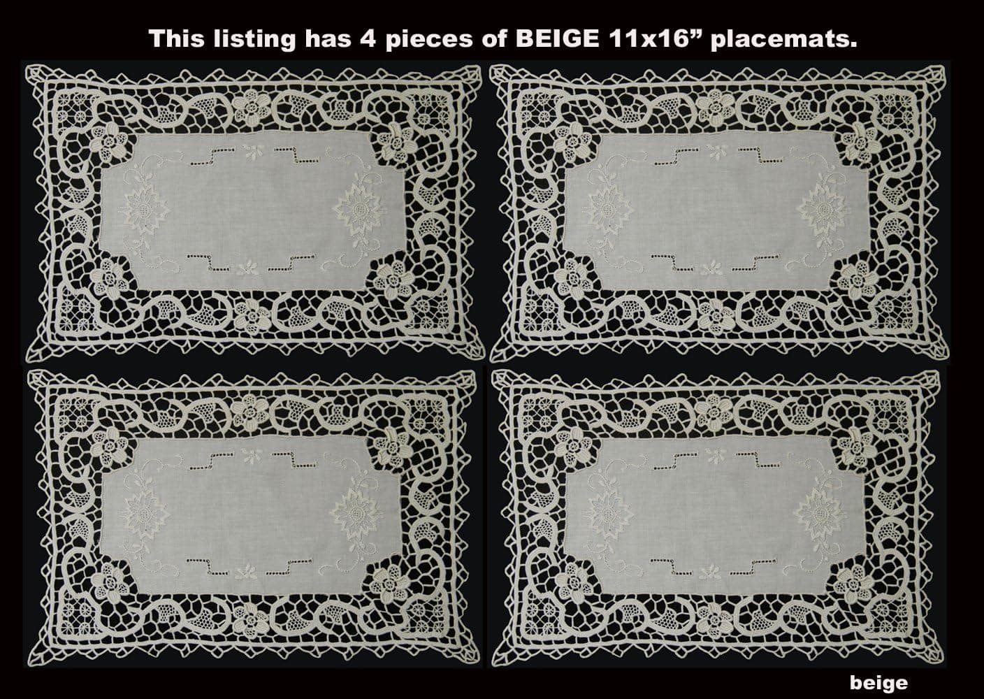 Creative Linens 4PCS Handmade Reticella Lace Needle Lace Placemats 11x16 Beige, Set of 4 Pieces, Hand Embroidery