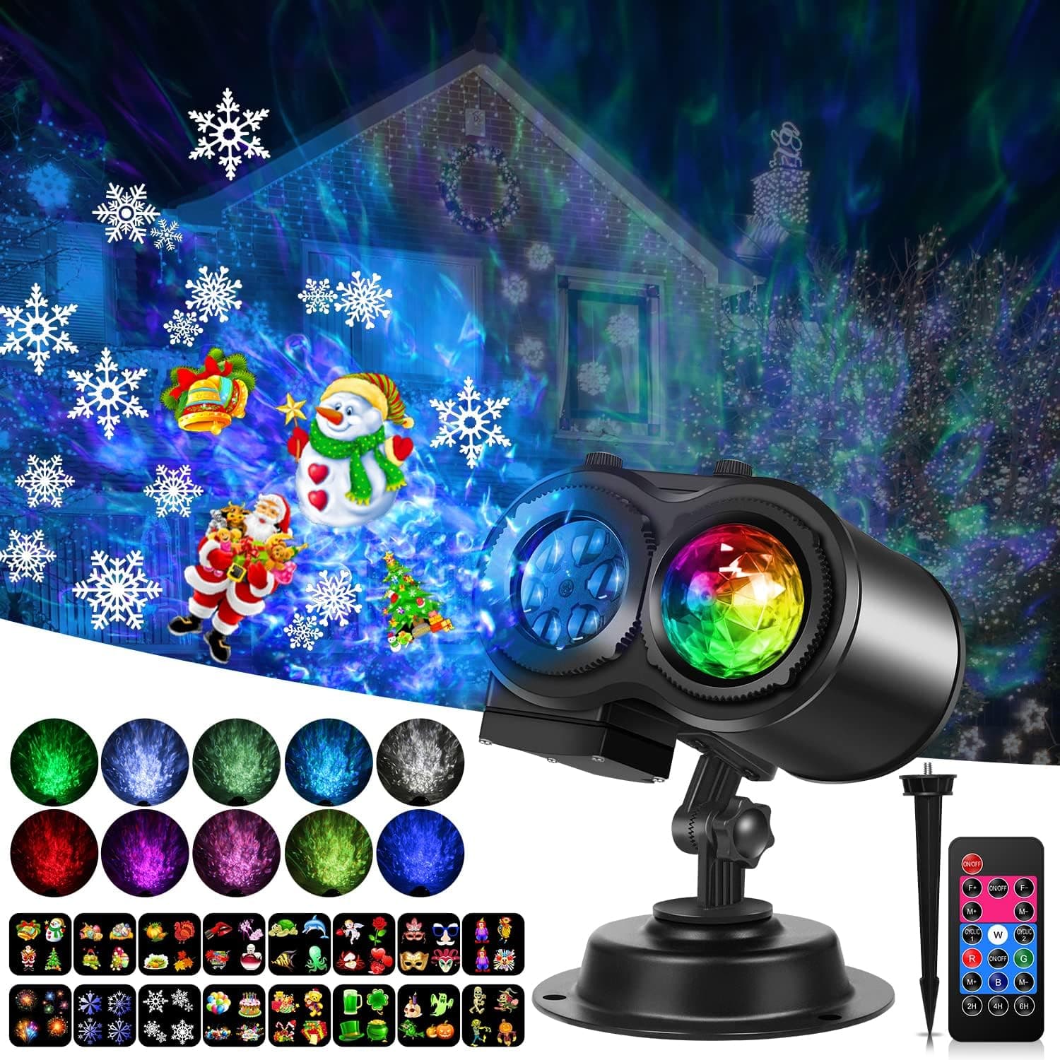 FastDeng Christmas 2-in-1 Ocean Wave Projector Lights, LED Projector Light with 16 Slides Patterns 10 Colors Waterproof Indoor Outdoor for Xmas, Halloween, Thanksgiving, Valentine's Day, etc. Decor