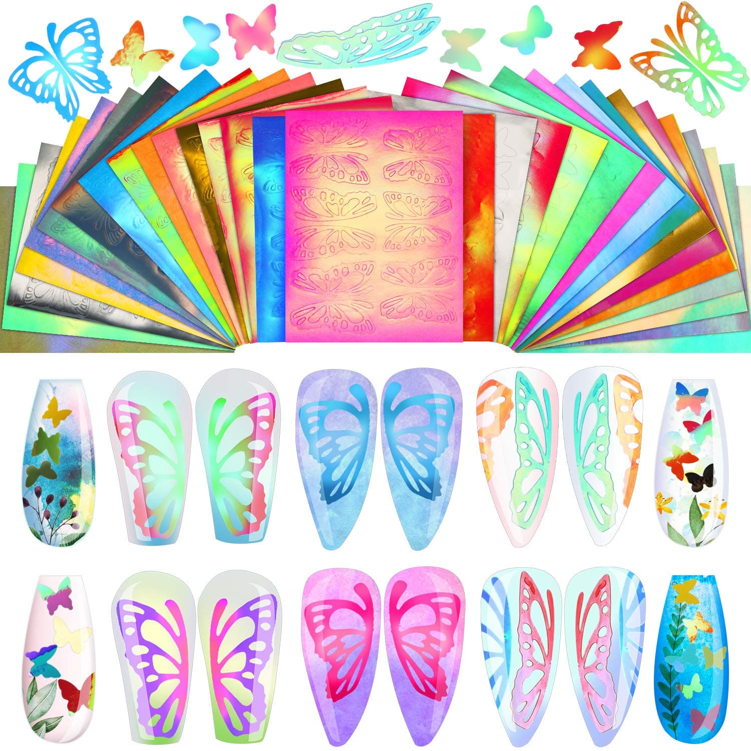 32 Sheets Holographic Butterfly Nail Design Stickers Butterfly Nail Decals Butterfly Flame Reflection Nail Decoration 3D Vinyls Nail Stencil for DIY Manicure Self-Adhesive Nail Design Decoration