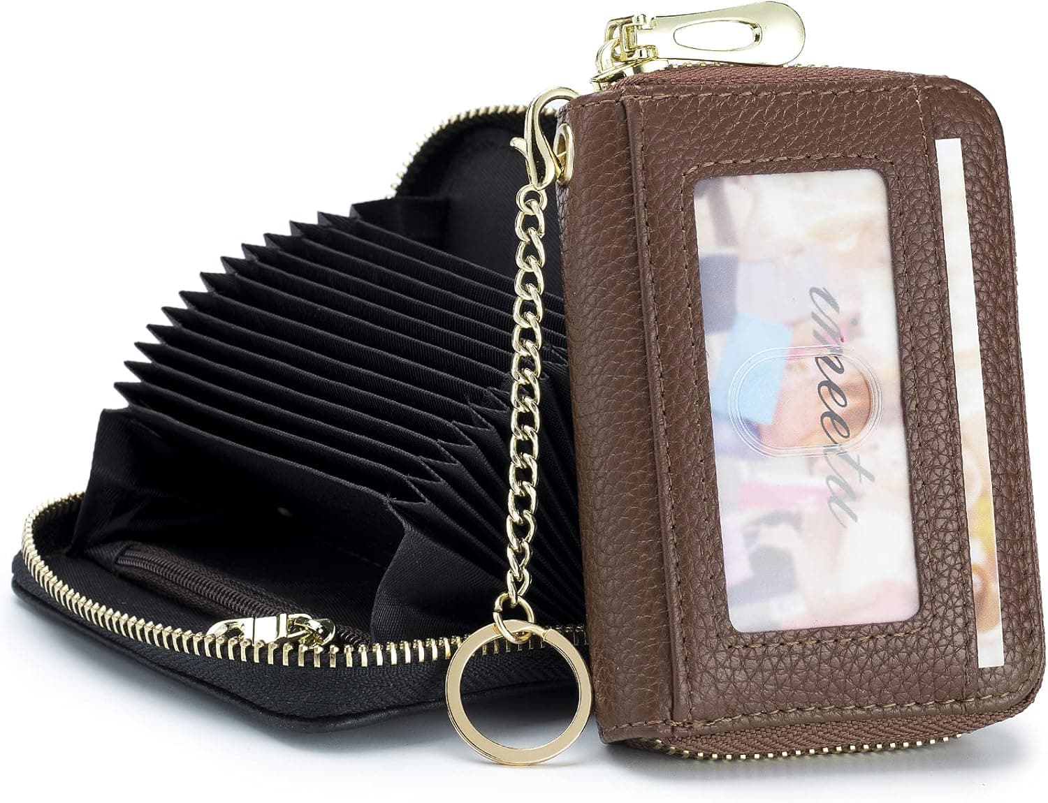 imeetu RFID Credit Card Holder, Small Leather Zipper Card Case Wallet with Removable Keychain ID Window (Brown)