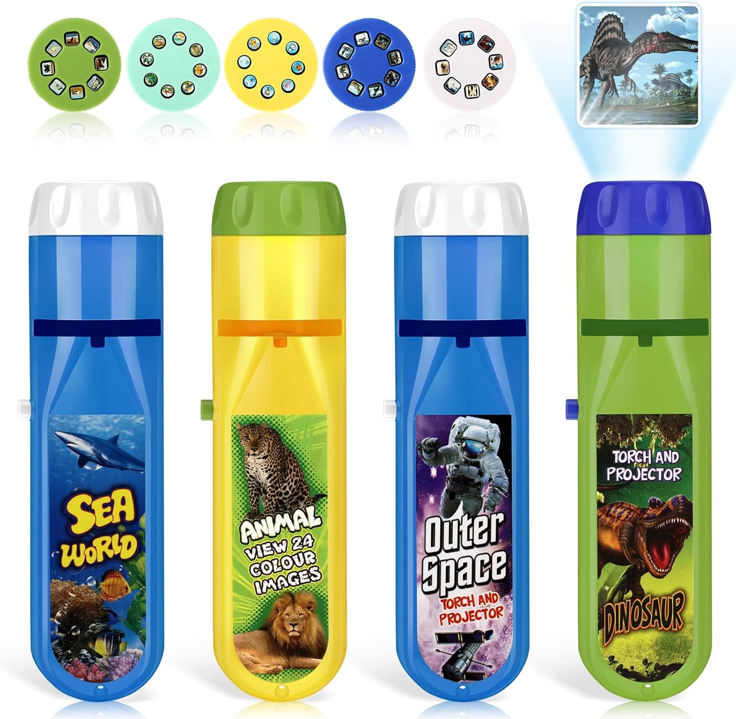 4 Pcs Slide Projector Torch Projection Light Projector Toy Flashlight Educational Learning Bedtime Night Light for Kids Dinosaur Space Ocean Nature Animal (176 Images, 22 Themes)