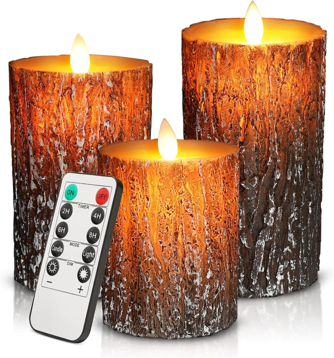 JOSU LED Flameless Candles Pine Bark Effect, Battery Operated Candles with Remote Control, Real Wax, 4" 5" 6" Pack of 3, for Wedding Decor, Table Decor, Home Decoration Gifts (Pine Bark)