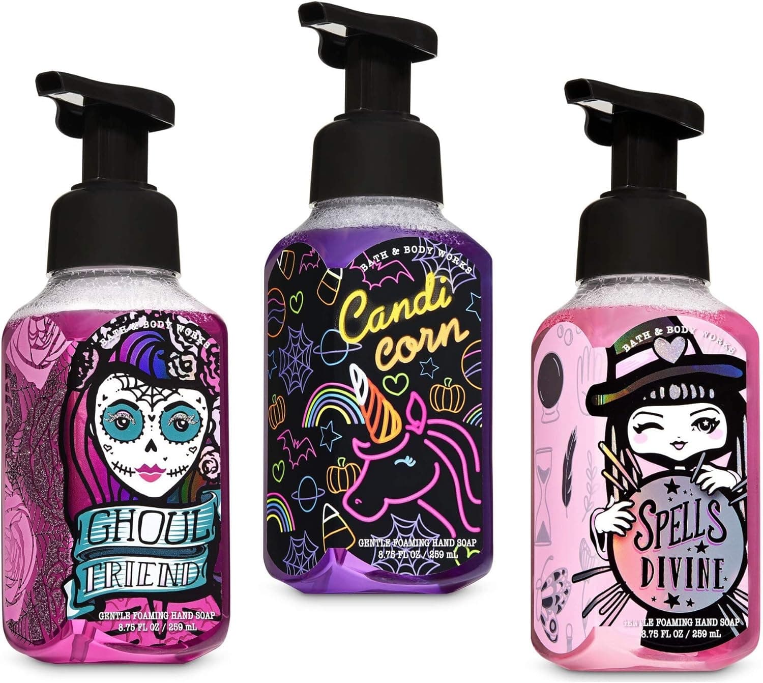 Bath and Body Works Halloween Foaming Hand Soap Trio -- Ghoul Friend - Candicorn Unicorn - Spells Divine