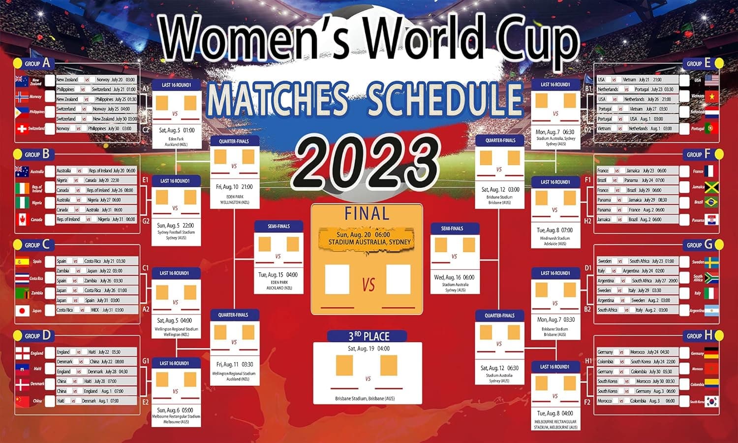 YOFANUP World Cup 2023, Women's World Cup Wallchart, USWNT Soccer Match Schedule Poster, Womens World Cup 2023 Bracket Poster, Soccer Game Calendar For Home, Office, Calendar, Bar, Restaurant Display