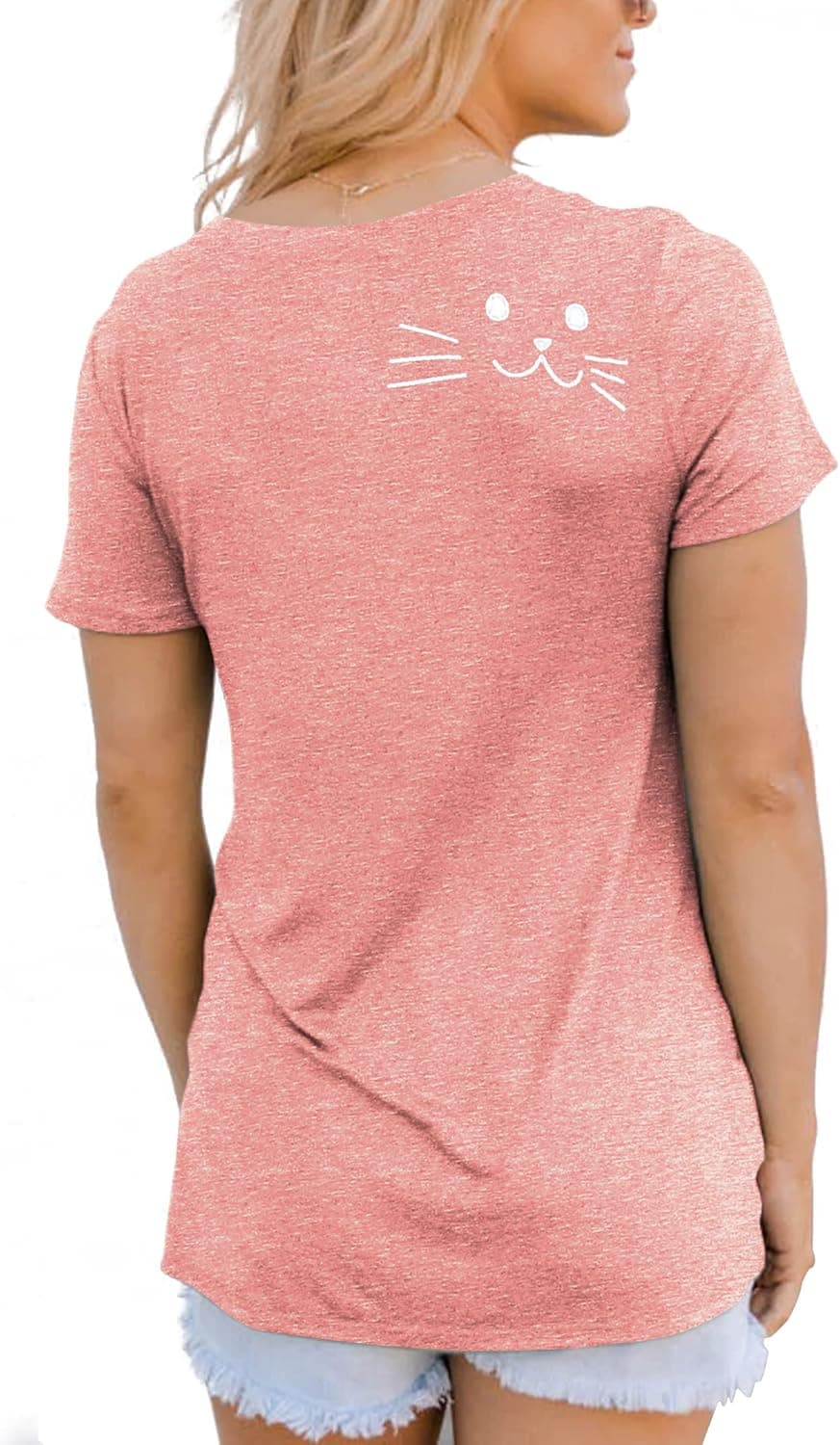 Womens Cat Shirt Casual Summer Short Sleeve Round Neck Basic Cat Mom Graphic Tees Tops Pink, X-Large