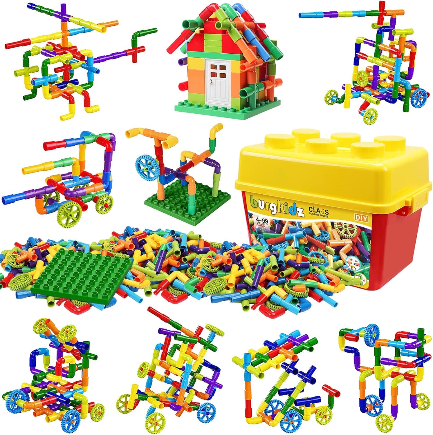 burgkidz STEM Learning Pipe Tube Toy, Sensory Toys, Tube Locks Construction Building Blocks, Educational STEM Building Learning Toys with Wheels Baseplate for All Ages Kids Boys Girls, 176 Pcs