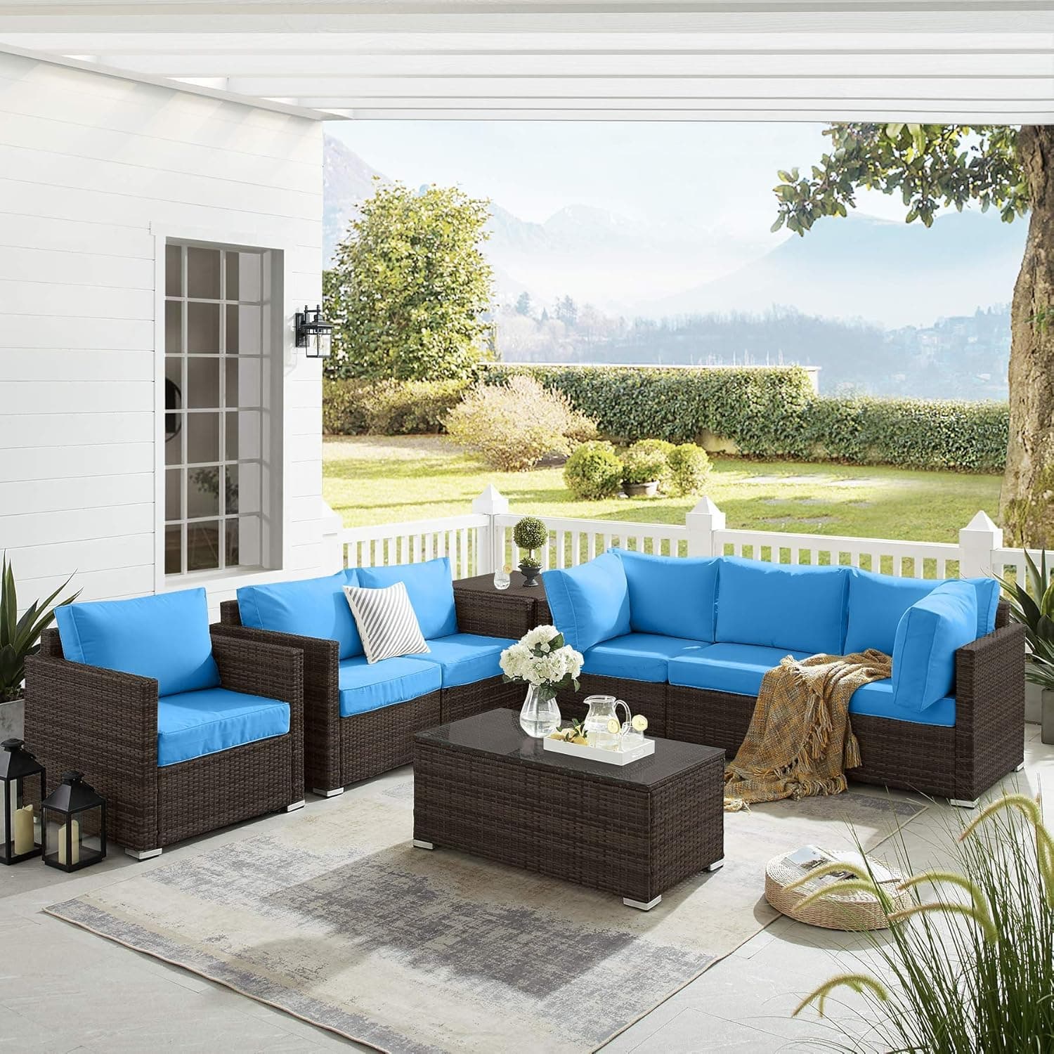 8 Pieces Patio Furniture Set Outdoor Conversation Set, All Weather Wicker Sectional Sofa Couch set with Cushions and Dining Table Chair with Ottoman for Lawn Backyard Poolside Garden (Brown + Blue)