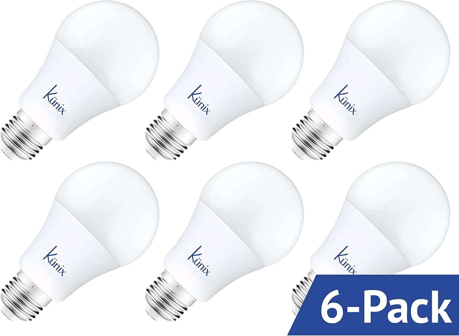 Kunix 6 - Pack of A19 LED Light Bulb Comfortview, 9W (60W Eq.), Crystal White Glow (5000K), 800 Lumens, Medium Screw Base (E26), Wide Flood Light Bulb, 120° Beam Angle, UL and Energy Star Listed