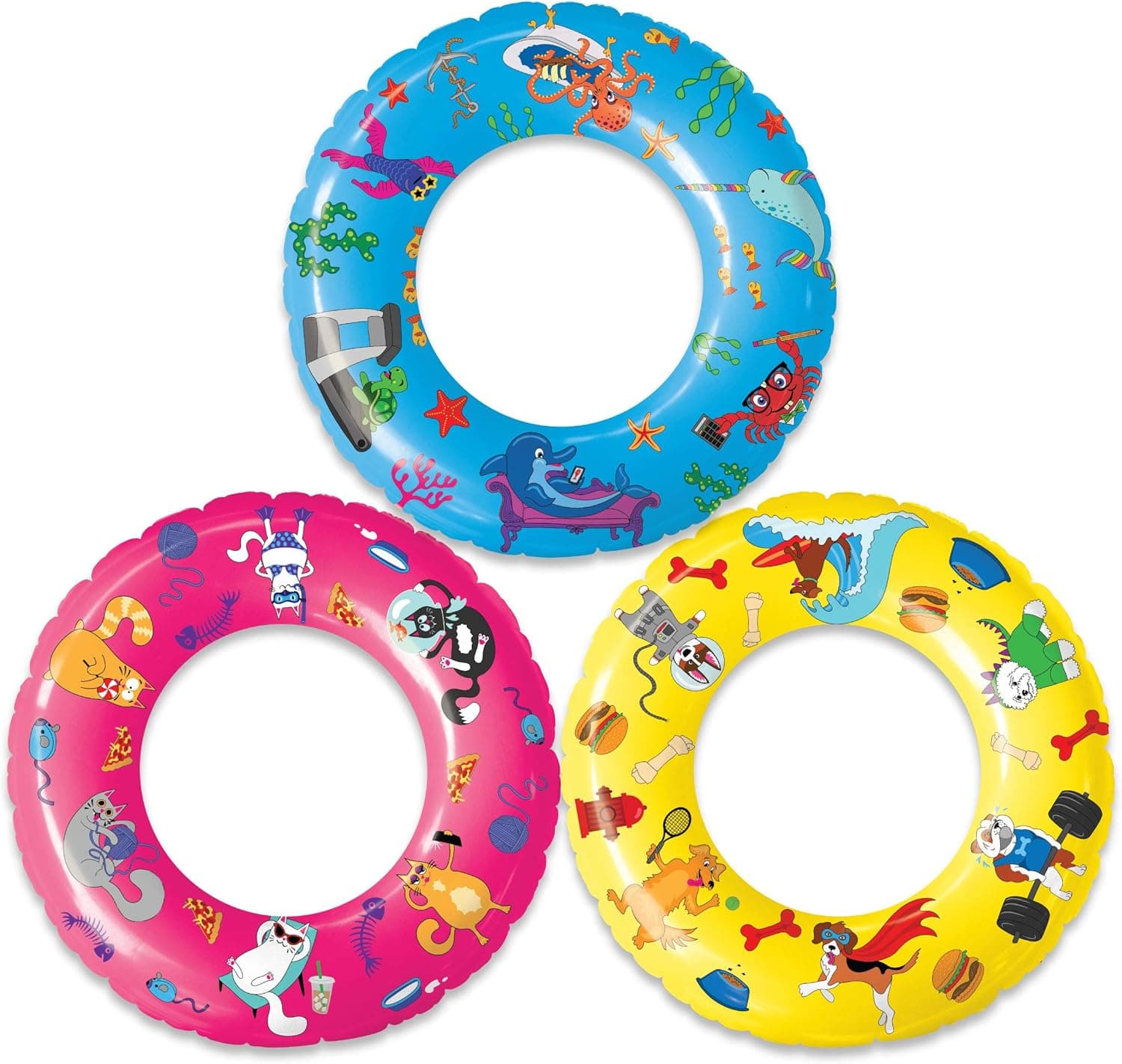 USA Toyz Inflatable Pool Floats for Kids 3 Pack - 23 Inch Pool Rings and Pool Floaties for Toddlers with Original Designs (Dogs, Cats, Fish)