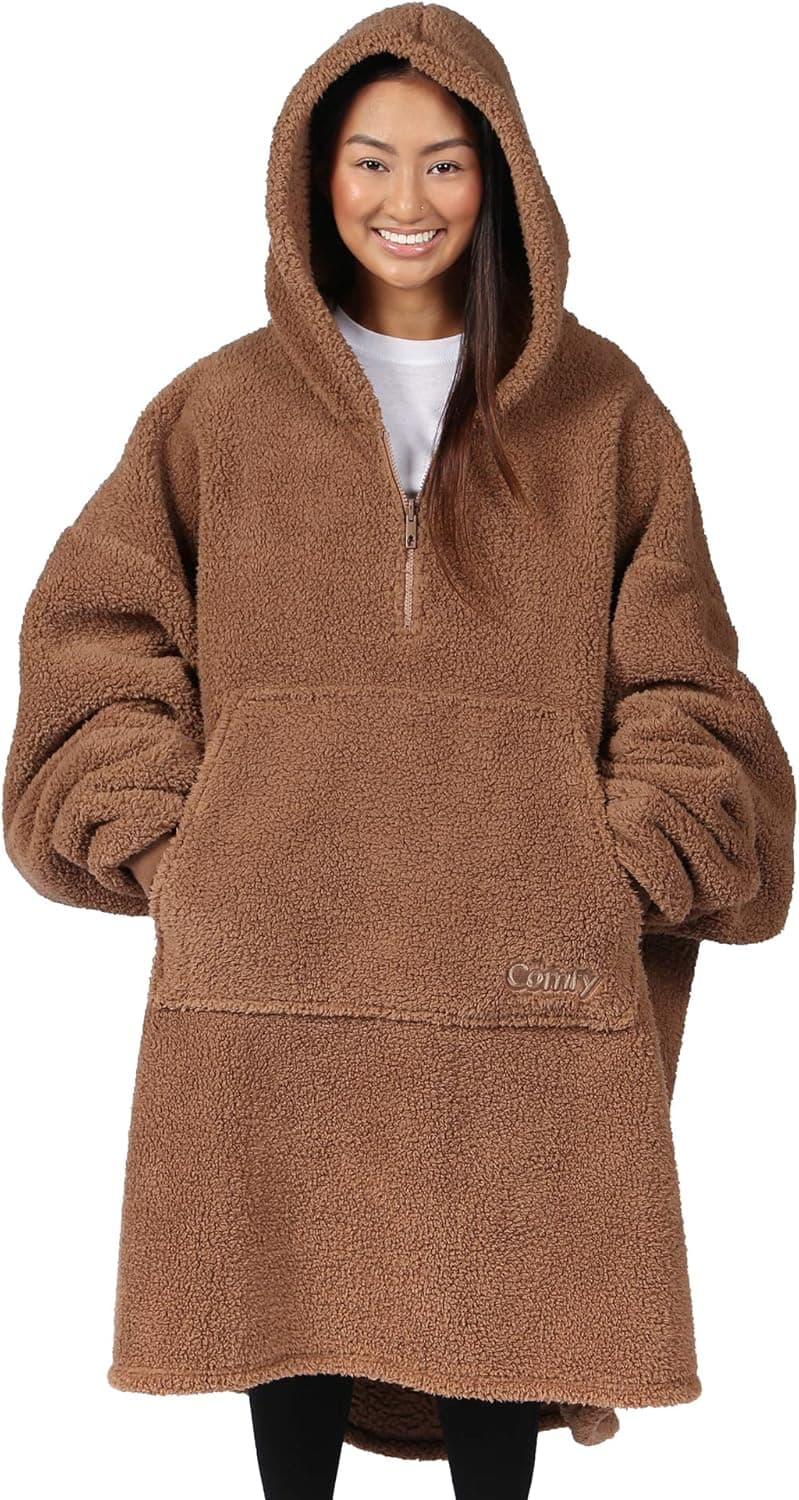THE COMFY Teddy Bear Quarter-Zip|Oversized All Sherpa Wearable Blanket with Zipper, Seen On Shark Tank, One Size Fits All