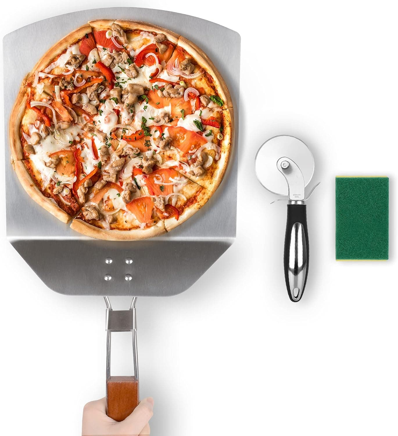 Pizza Peel Large Pizza Paddle Stainless Steel,Easy Storage Metal Pizza Spatula Paddle with Foldable long Handle and Pizza Cutter for Baking Homemade Pizza and Bread