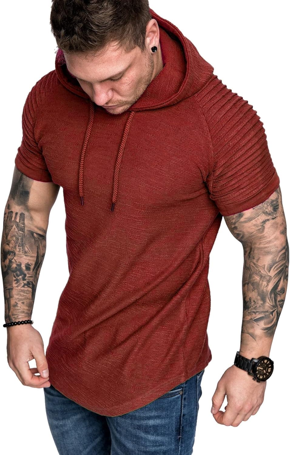 COOFANDY Mens Muscle Workout Hooded T-shirts Short Sleeve Hoodies Stylish Gym Weightlifting Tees Red XXL