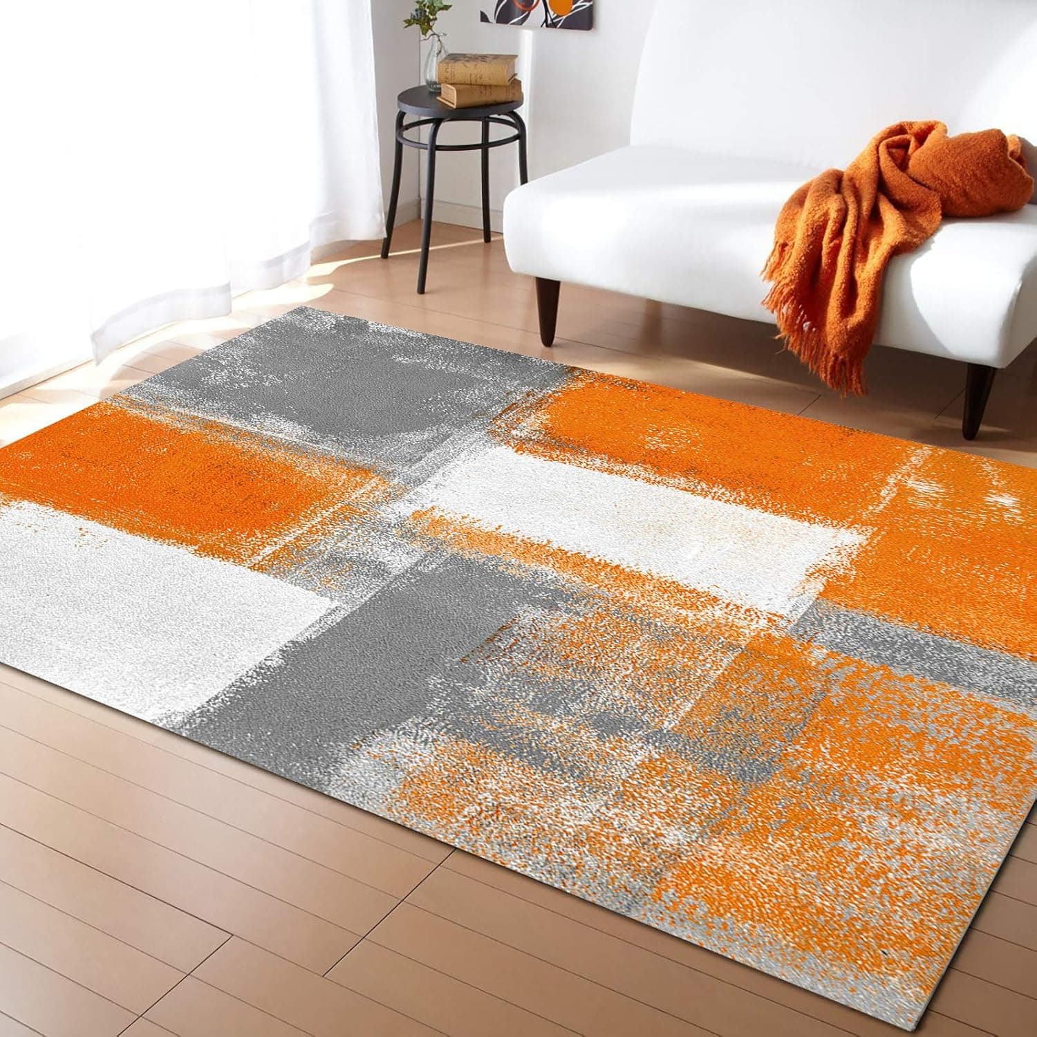Olivefox Rugs Abstract Geometric Oil Painting Orange Area Rug Non-Slip Stain-Proof Accent Area Rug for Bedroom Living Room Home Decoration, 4x6 Feet Soft Rectangle Carpet Super Absorbent