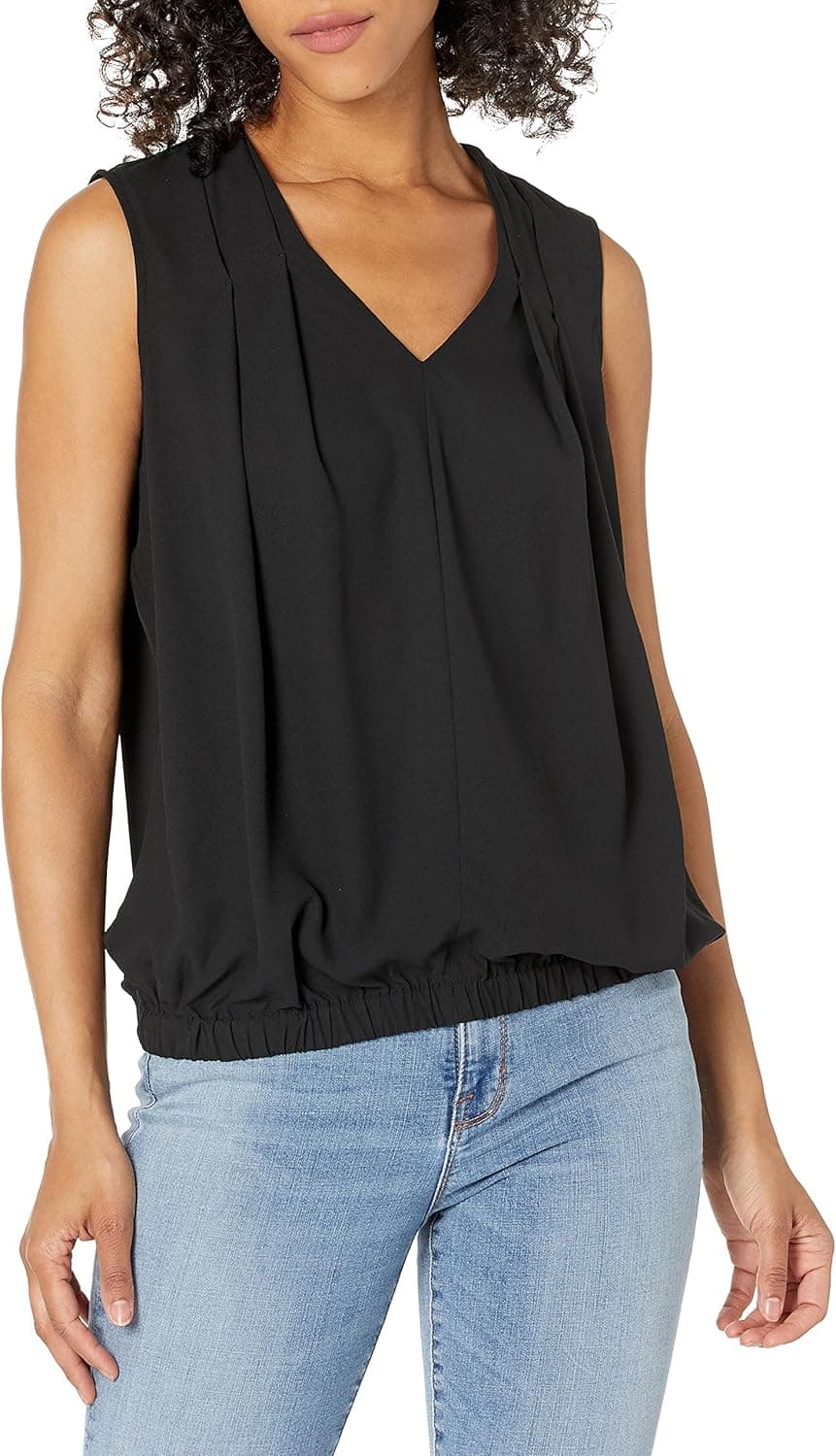 Amazon Brand - Lark & Ro Women's Sleeveless Pleated V-Neck Blouse with Tucked Hem