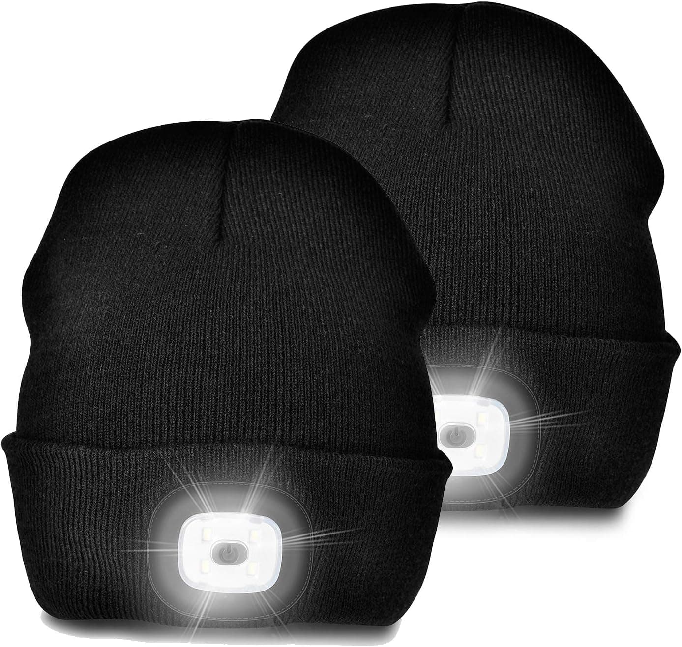 Etsfmoa Unisex LED Beanie Hat with Light, Gift for Men and Women USB Rechargeable Winter Knit Lighted Headlight Hats Headlamp Torch Skull Cap (2 PACK-Black+Black)