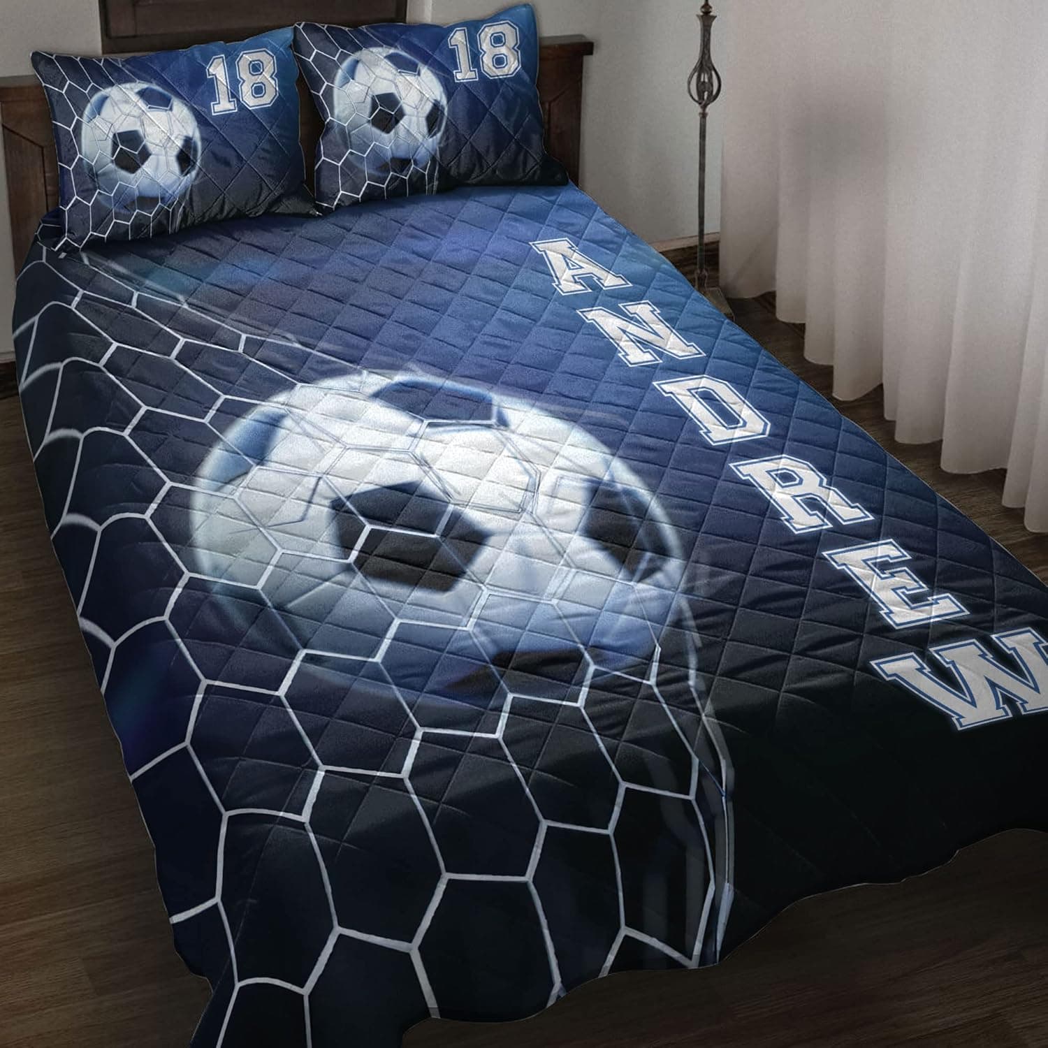 Custom Soccer Ball In Net Blue Player Fan Gift Idea Personalized Name Number Quilt Blanket & Pillowcases, Quilts Bedding Set & Pillow Cover, King Queen Double Twin Throw Full Size Bedspread Bed Sets