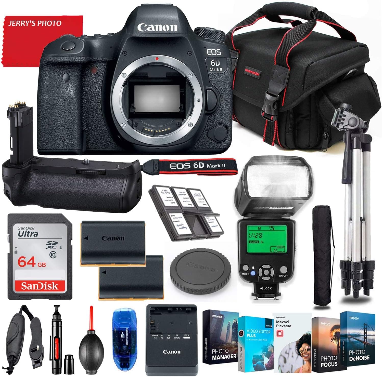 Canon EOS 6D Mark II DSLR Camera Body Only Bundle + Battery Grip + Premium Accessory Bundle Including 64GB Memory, Extra Battery, Filters, Photo/Video Software Package, Shoulder Bag & More