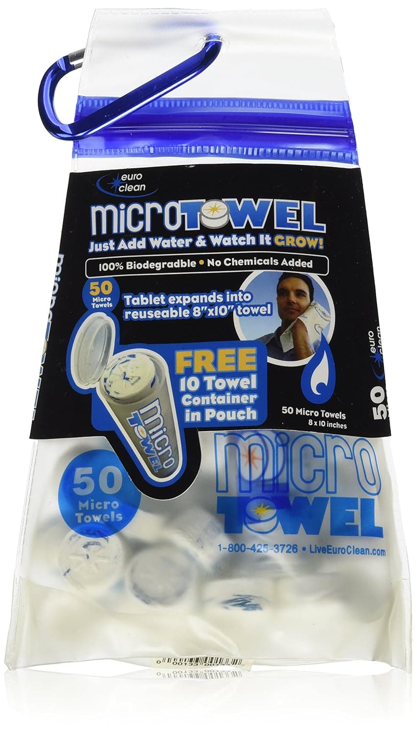 50pk Microtowel Capsules Tablets Compressed 8x10” Cloths Biodegradable Euroclean