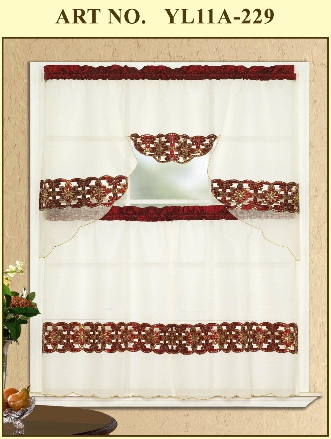 WPM 3 Piece Beige with Burgundy Embroidered Sparkle Flower Lace Kitchen/Cafe Curtain Tier and Swag Set