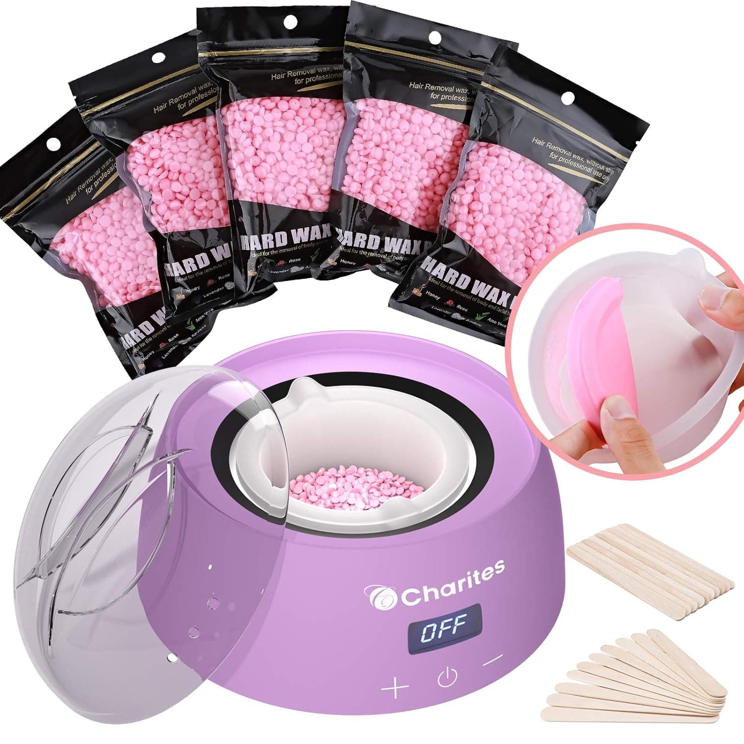 Nonstick Waxing Kit for Women Men, Digital Hard Wax Warmer Kit for Coarse Hair Removal, Silicone Wax Pot, 20 Waxing Sticks, 5 Packs of Hard Wax Beads for Face, Arms, Armpits, Legs, Bikini, Brazilian