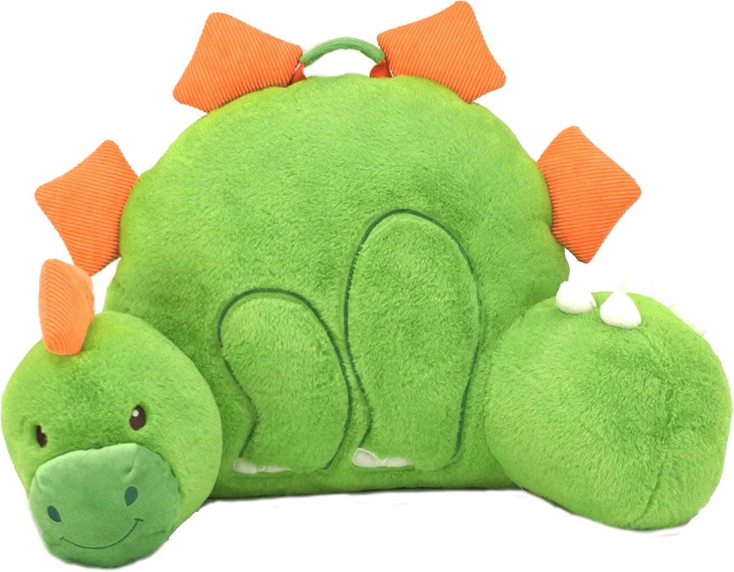 Soft Landing | Nesting Nooks | Premium Character Backrest with Carrying Handle & Back Pocket – Plush Dinosaur Backrest Green/Orange 14" x 26" x 16"