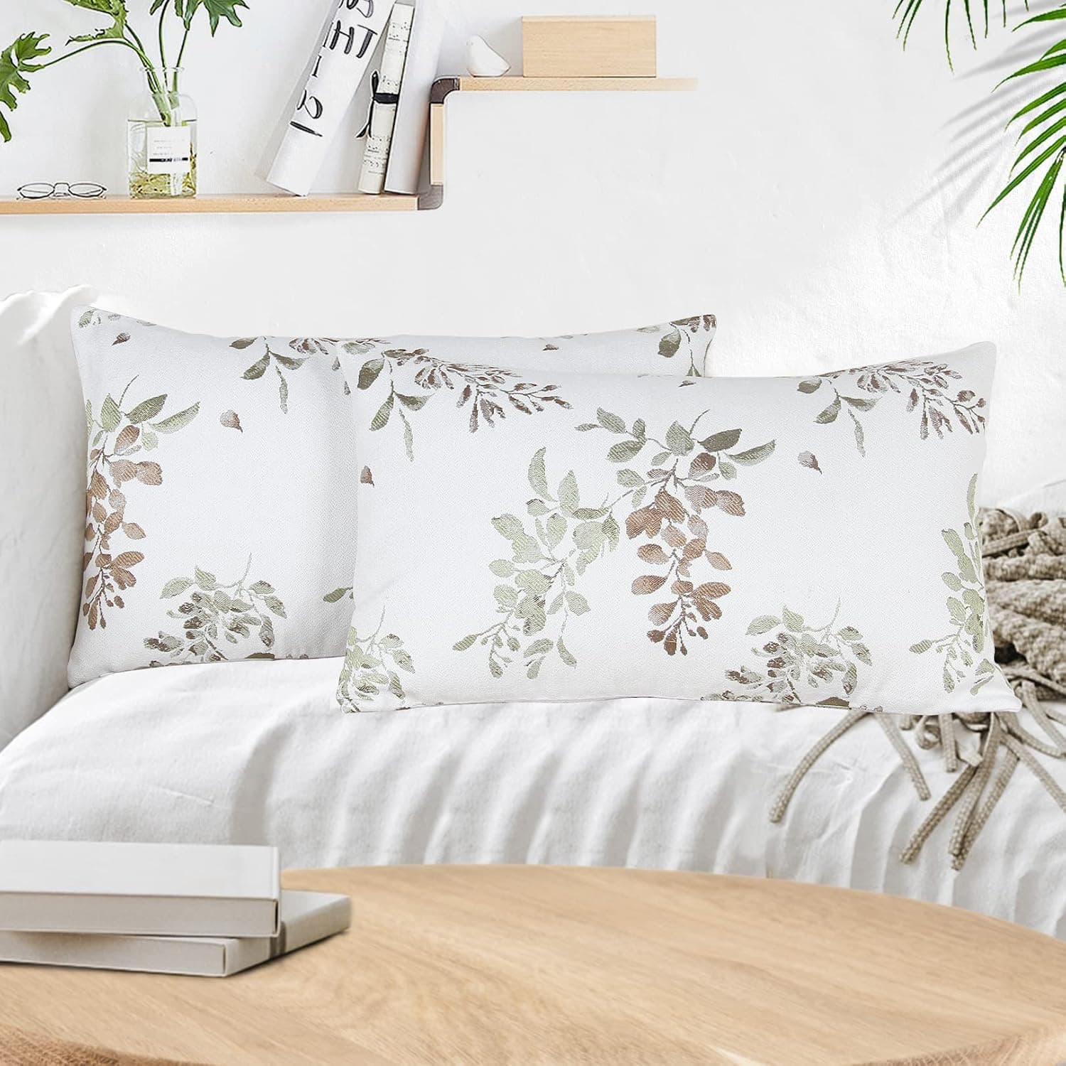 Btyrle Leaf Branch Jacquard Throw Pillow Covers 12x20 Inch Set of 2 Decorative Leaf Pillowcases Square Cushion Covers for Couch, Brown Leaf