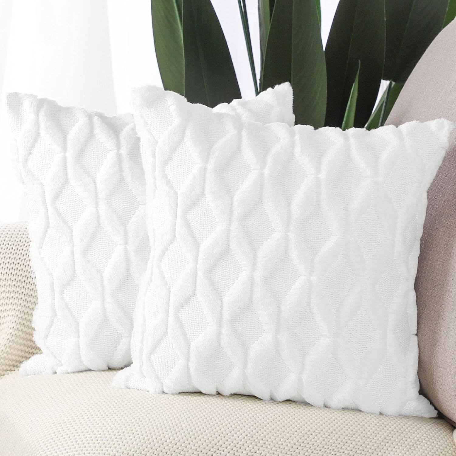 MADIZZ Set of 2 Soft Plush Short Wool Velvet Decorative Throw Pillow Covers 14x14 inch White Square Luxury Style Cushion Case Pillow Shell for Sofa Bedroom