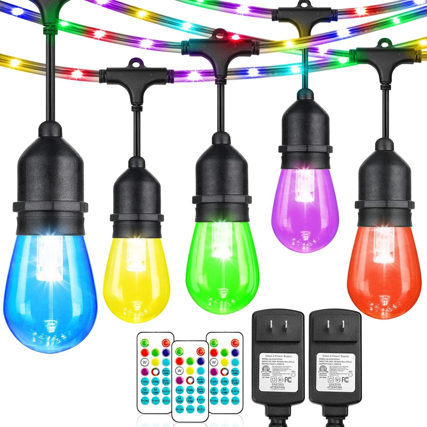 YLXS 2 Pack 48FT RGB String Lights with Rope Fairy, LED String Lights Outdoor with Remote, RGB Café Patio Lights, Waterproof Shatterproof Edison Bulb String Lights for Garden Christmas Halloween