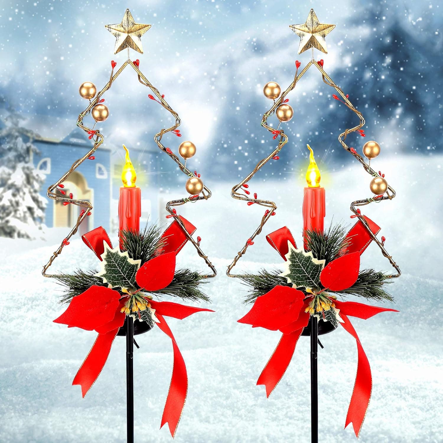 SOLLED Solar Christmas Candle Garden Stakes Outdoor, Waterproof Solar Powered Xmas Candle Pathway Lamp Garden Stake Landscape Lights Decorations for Garden, Lawn, Yard, Path -2 Pack