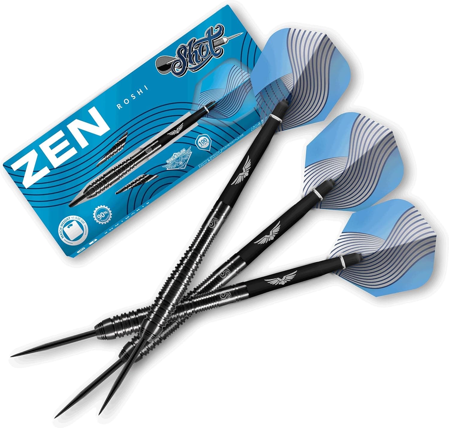 Shot! Darts Zen Roshi 90% Tungsten Pro Throwing Darts Steel Tip Set, Professional – Made in New Zealand – Designed Dart Flights for Women & Men – Metal Tip Bar Darts for Adults