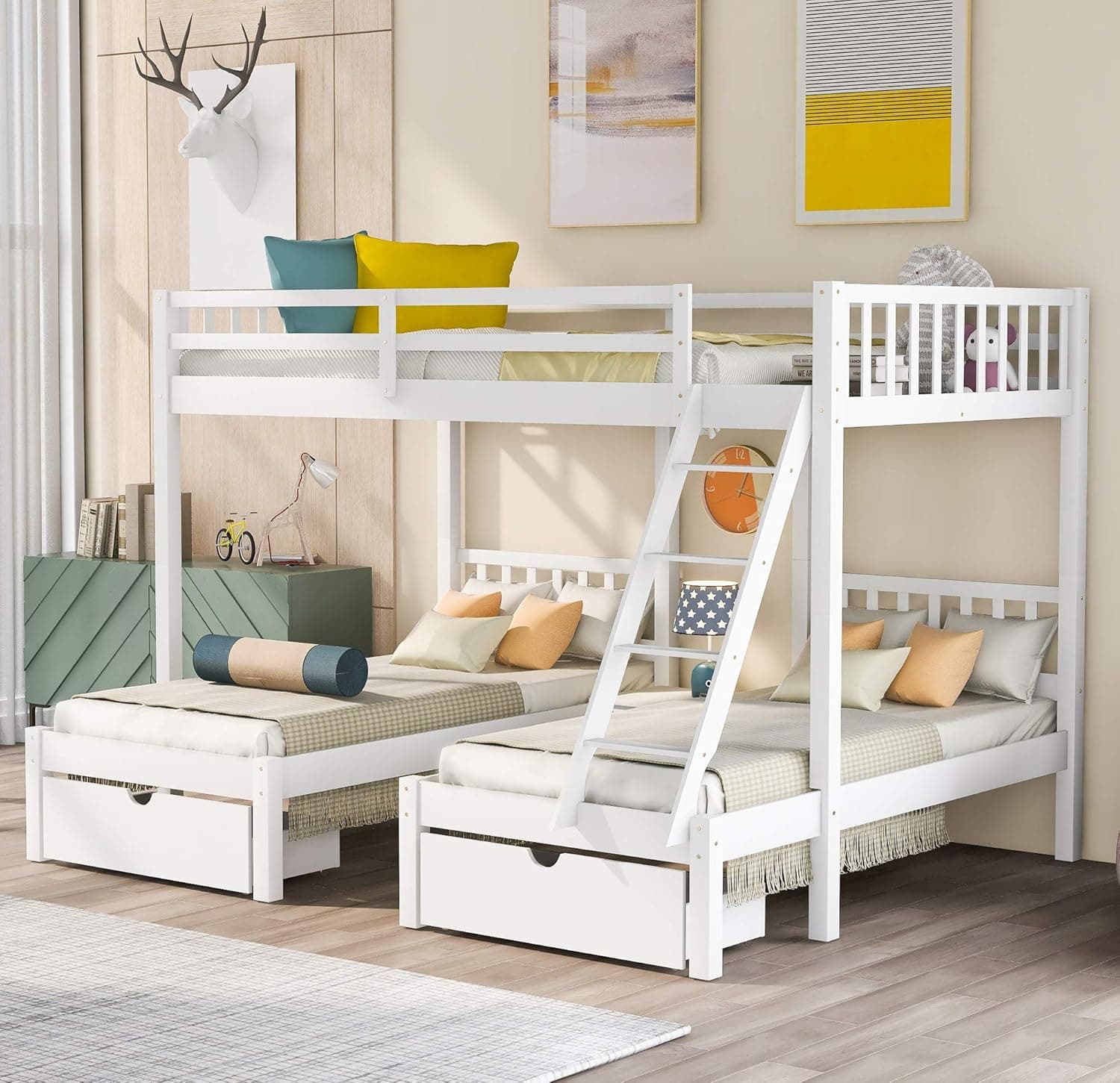 Harper & Bright Designs Wood Triple Bunk Bed Full Over Twin&Twin Bunk Beds for 3, Wooden Triple Beds Frame with Drawers and Guardrails for Kids,Teens, Adults, No Box Spring Needed (White)