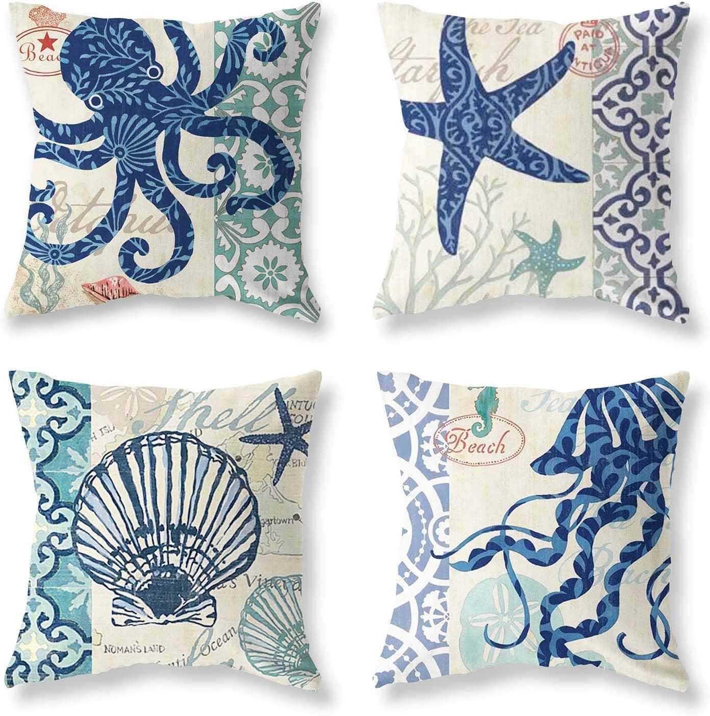Pack of 4 Decorative Throw Pillow Covers 18x18 Inch Ocean Theme Holiday Octopus Starfish Shell Squid Travel Cool Square Pillow Case Coastal Cushion Cover Home Decor Sofa Car Bedroom Pillows Covers