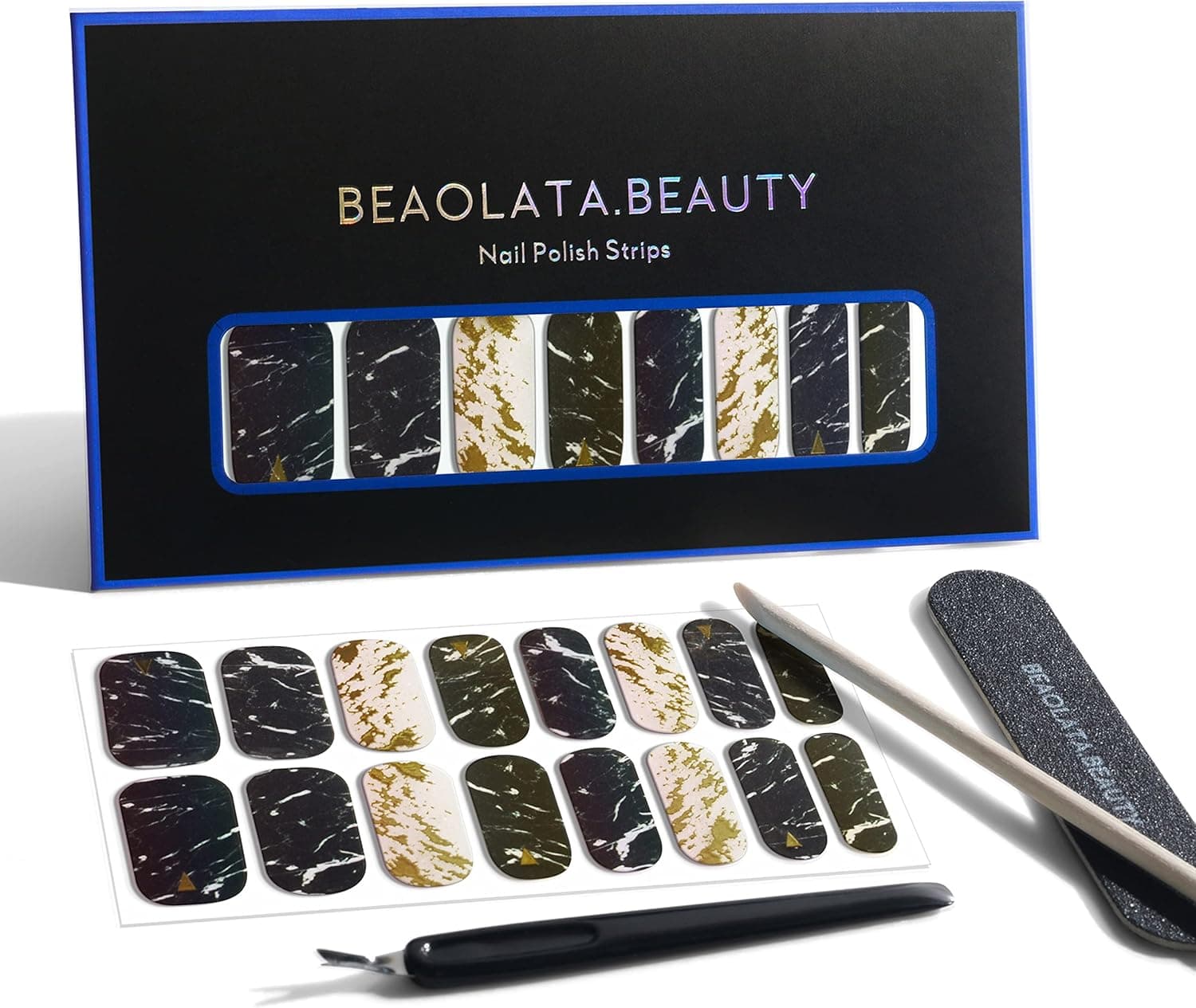 BEAOLATA Nail Polish Strips, 32 Nail Wraps, Nail Stickers, Color Street Nail Strips, Easy Apply& Remove, Long Lasting, Safe for Nails, Salon Quality (Golden annite)