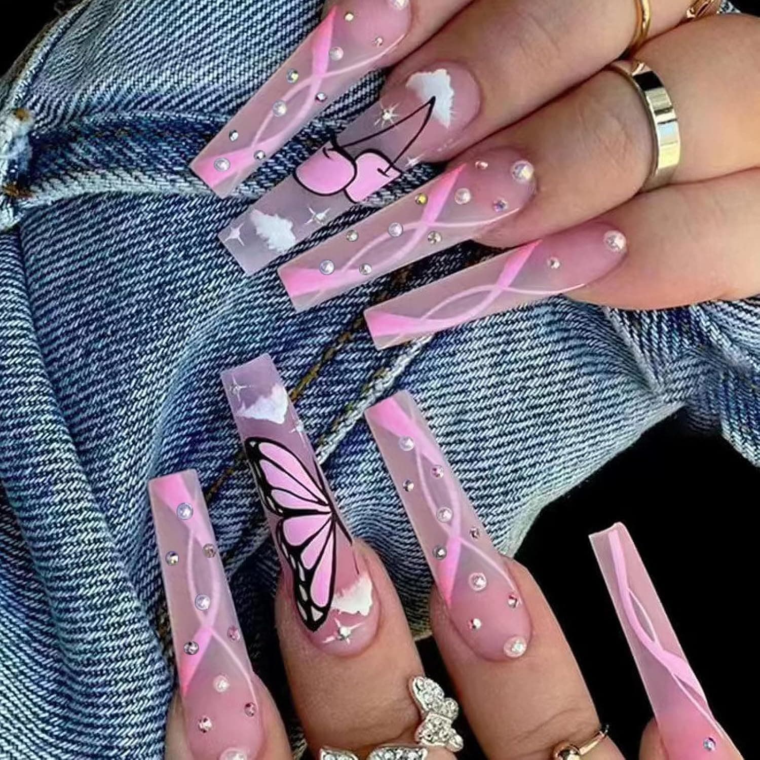 MISUD 24 pcs Coffin Press on Nails Long Fake Nails Matte Glue on Nails Pink Swirl Ballerina Acrylic Nails Bling 3D Rhinestone Pearl False Nails with Butterfly Designs