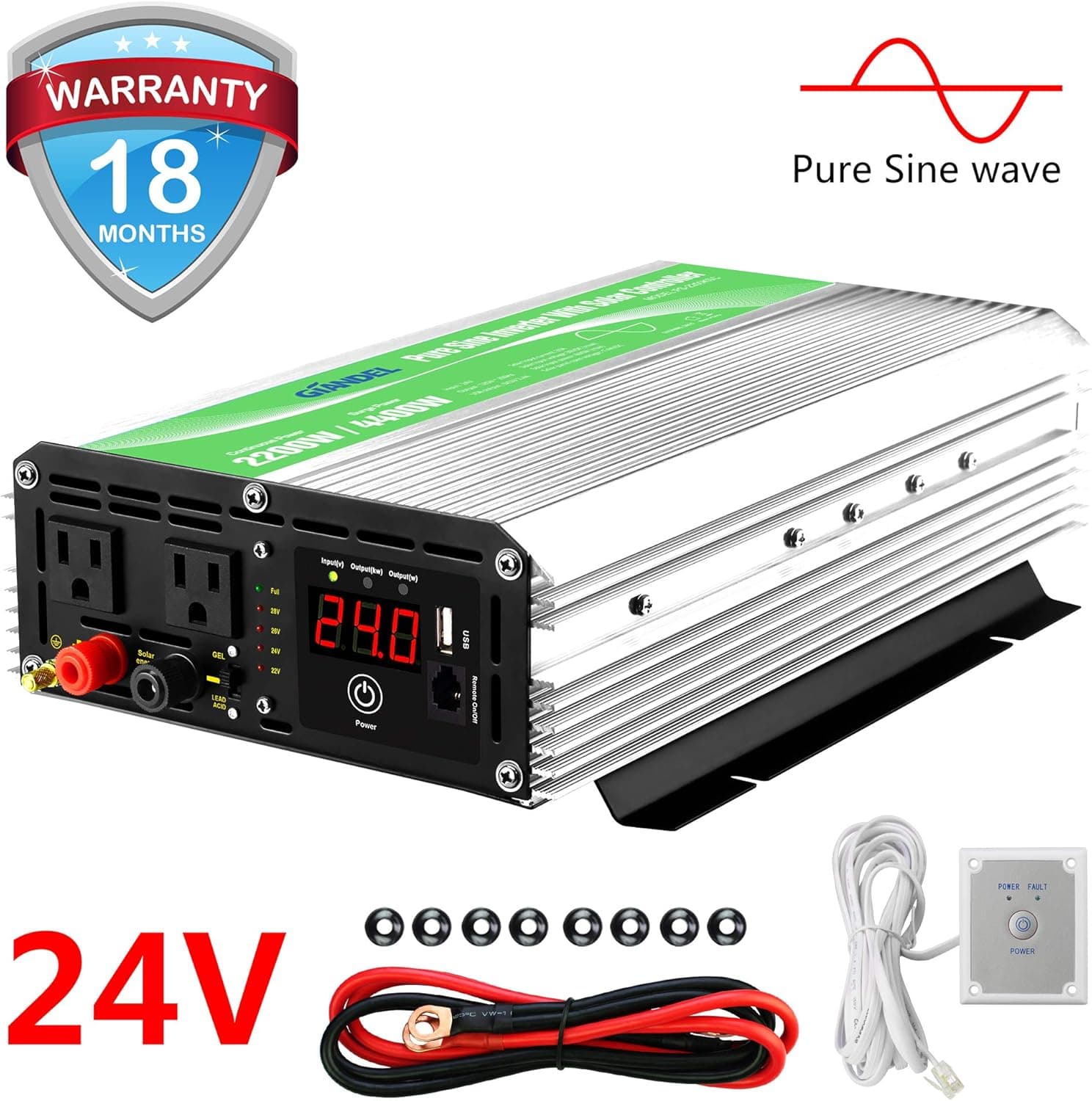 Pure Sine Wave Power Inverter 2200Watt DC24 V to AC120V Converter Adapter with 2.4A USB Port and Dual AC Outlets & Remote Control and LED Display for Truck Solar System by GIANDEL
