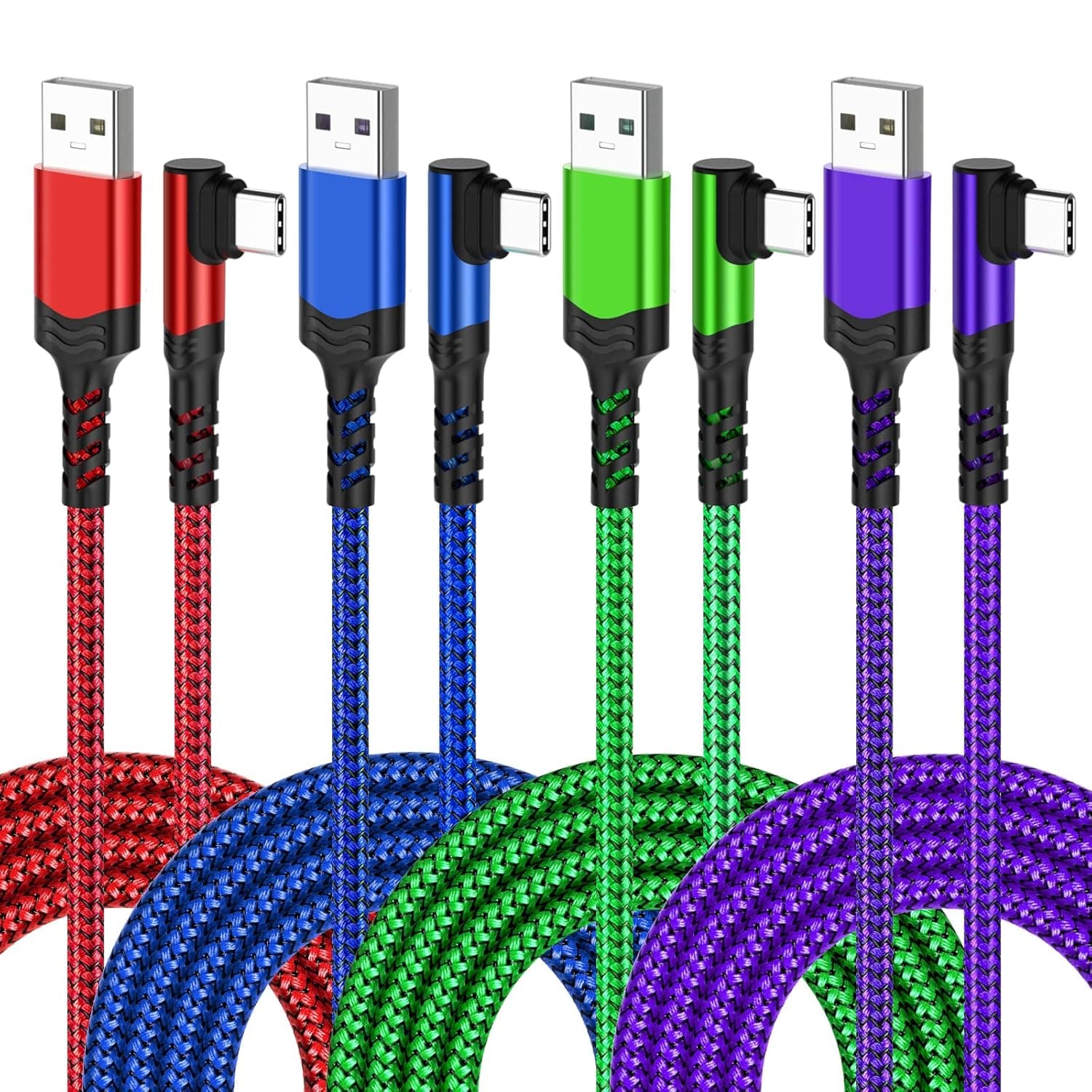Agtray USB C Cable 10Ft, 4-Pack Long Braided USB a to USB c Cable 90 Degree Plug Type C Fast Charge Cable Right Angle Cord Compatible for Samsung Galaxy S22 S21 S20 Note 20 10 - Red Blue Purple Green