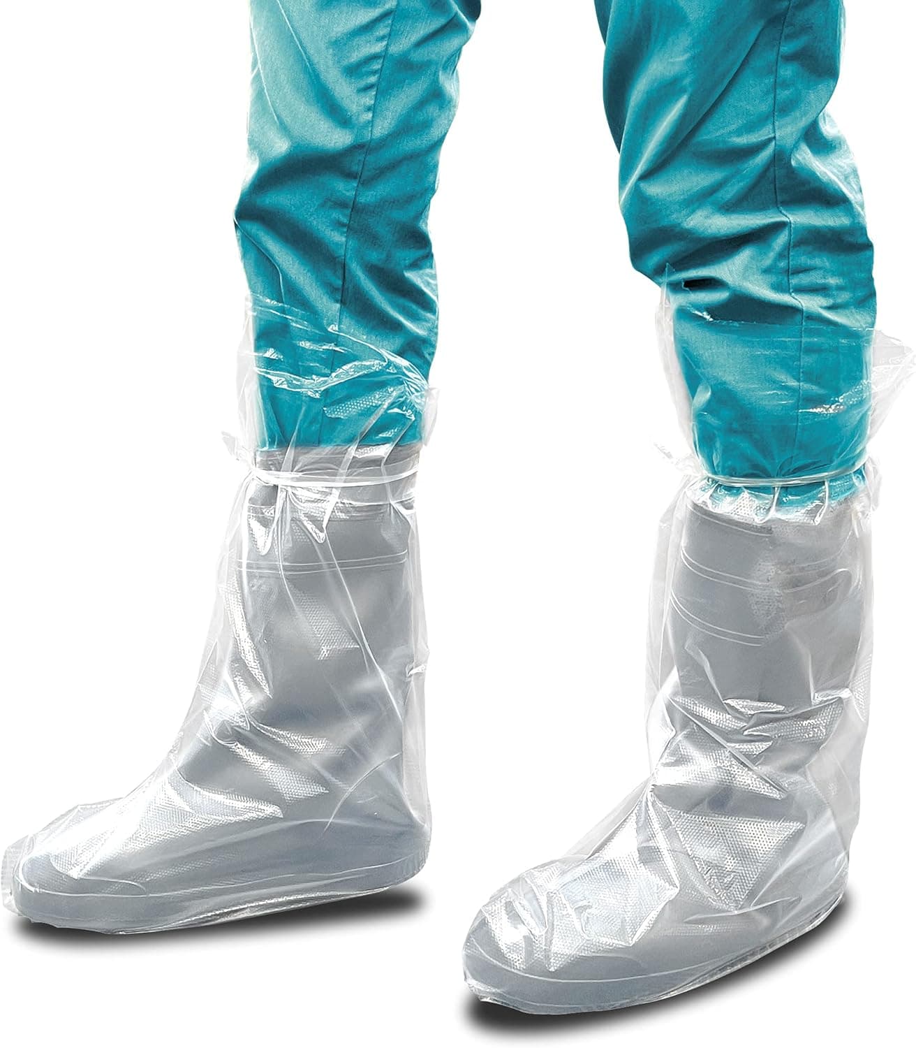 AMZ Disposable Boot Covers with Ties 3XL, Pack of 100 Clear Polyethylene Disposable Shoe Covers for Indoors, Outdoors, Unisex Waterproof Shoe Covers, Transparent Shoe Booties, 2 Mil Thick Shoe Cover