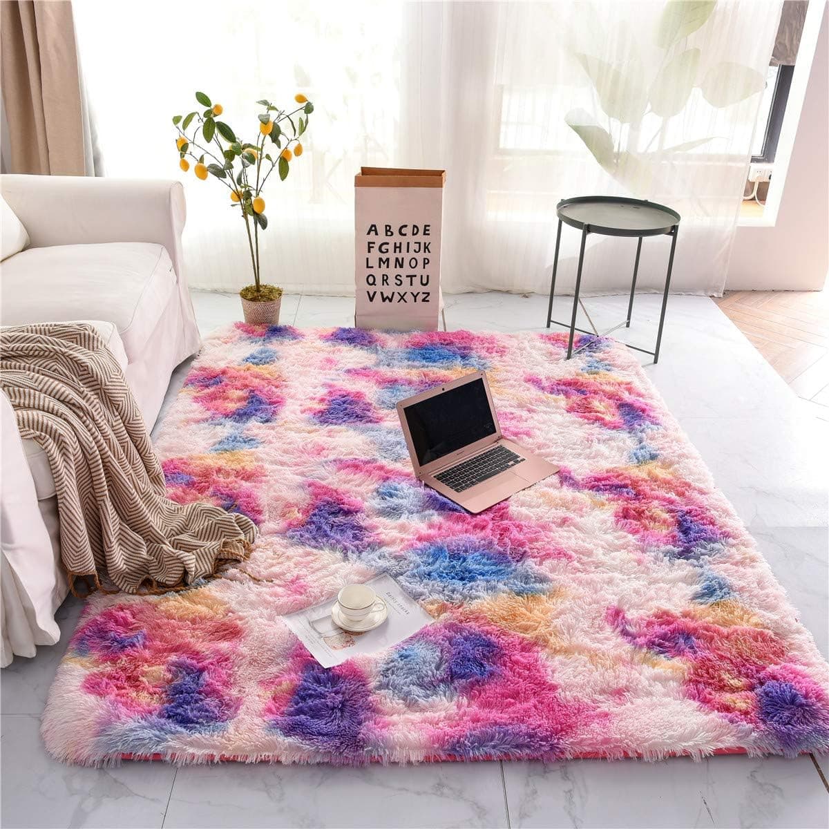 NTBED Tie Dye Soft Shaggy Area Rug for Girls Bedroom Sofa Living Room Rectangle Fluffy Bedside Rugs Colorful Abstract Multi Plush Fuzzy Decorative Floor Carpet (3x5 Feet, Pink-Purple)