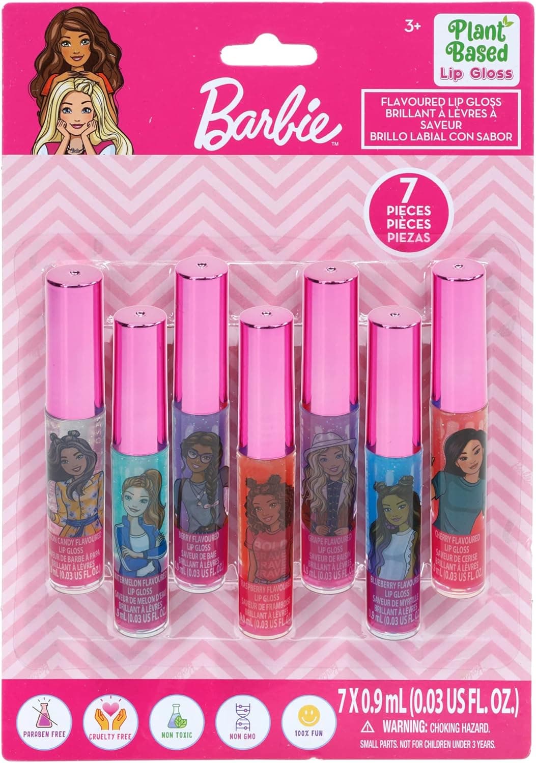 Townley Girl Barbie Super Sparkly 7 Pieces Party Favor Plant Based Lip Gloss Makeup Set for Girls Kids Toddlers, Perfect for Parties Sleepovers Makeovers Birthday Gift for Girls above 3 Yrs (7 CT)