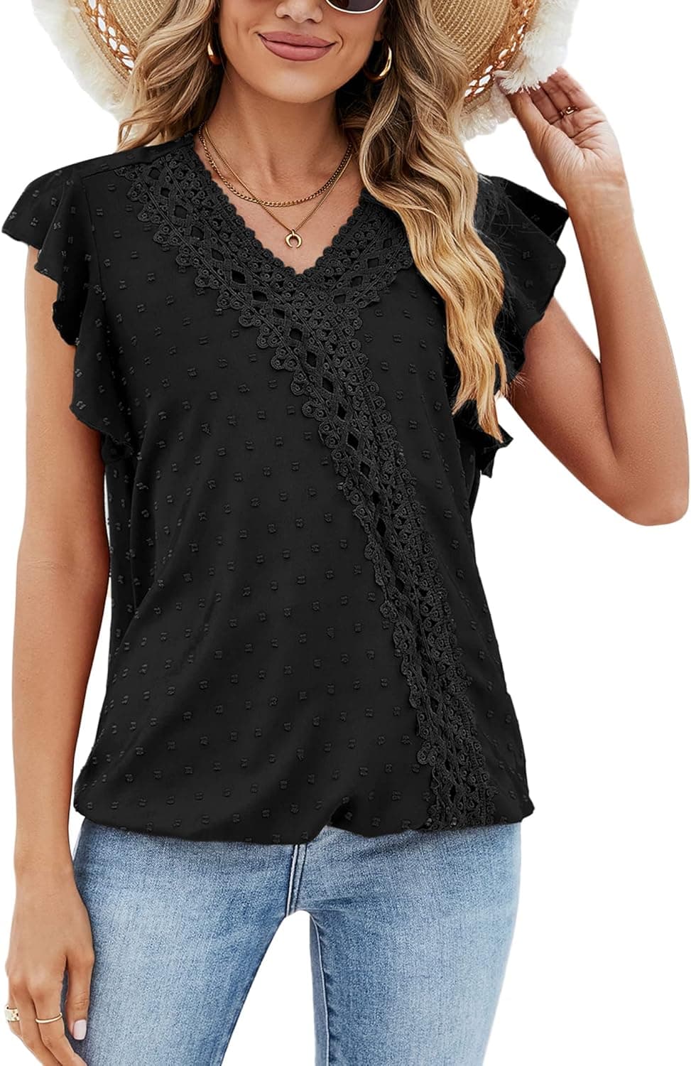 KOJOOIN Womens Casual Lace Pom Poms Blouses Short/Long Sleeve V Neck Chiffon Shirts Tops