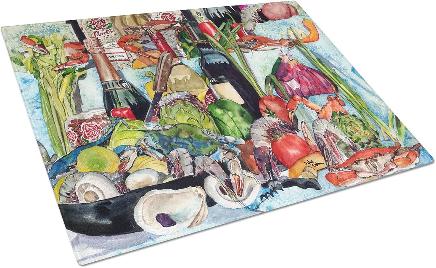 Caroline's Treasures 8915LCB Wine Crab Shrimp and Oysters Glass Cutting Board Large, Decorative Tempered Glass Cutting and Serving Board Large Size Chopping Board,