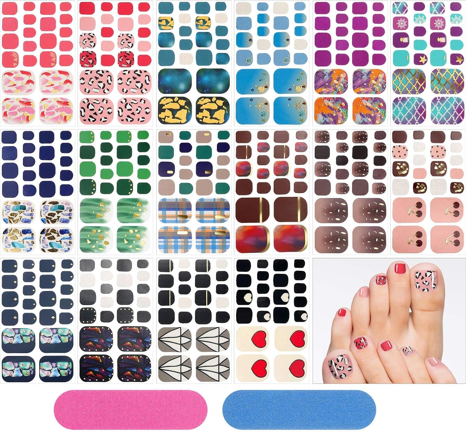 352 Pieces 16 Sheets Toe Nail Stickers Adhesive Toenail Wraps Polish Stickers Self Adhesive Toe Nail Wraps DIY Glitter Toe Nails Manicure Decals with 2 Pieces Nail Files