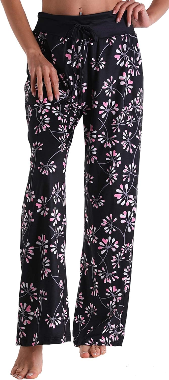 X-Image Women's Comfy Pajamas Drawstring Stretch Floral Print Long Wide Leg Lounge Pants
